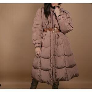Vintage Beige Down Puffer Long Coat Jacket Quilted Leather Belt Warm Size L